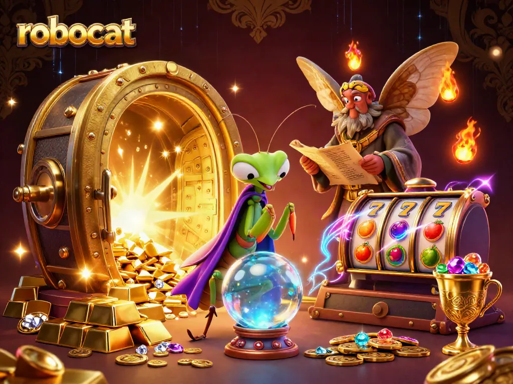 Experience the winning excitement at Robocat Casino with vibrant slot machines and treasures overflowing.