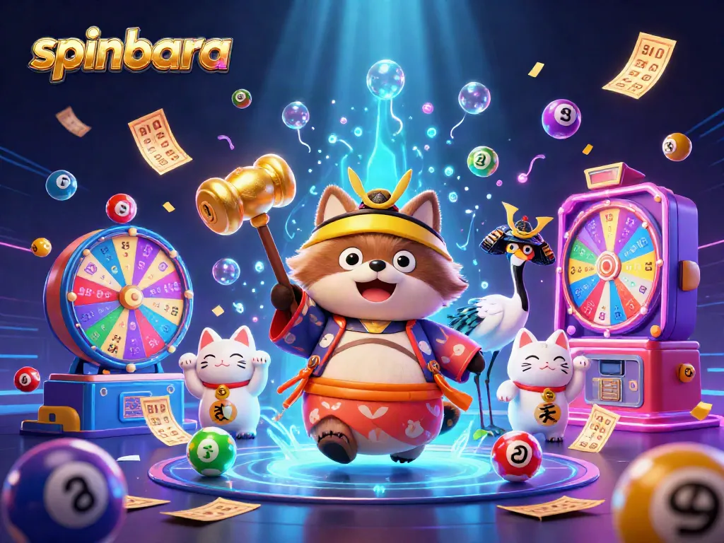 Experience the excitement of spinbara with colorful lottery elements and fortune cats in this vibrant casino scene.