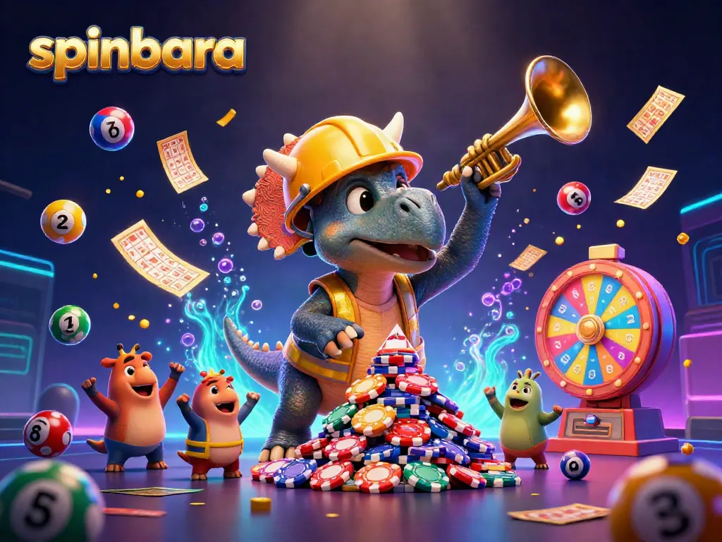 Experience spinbara's excitement with a vibrant 3D scene of casino fun and colorful gambling elements.