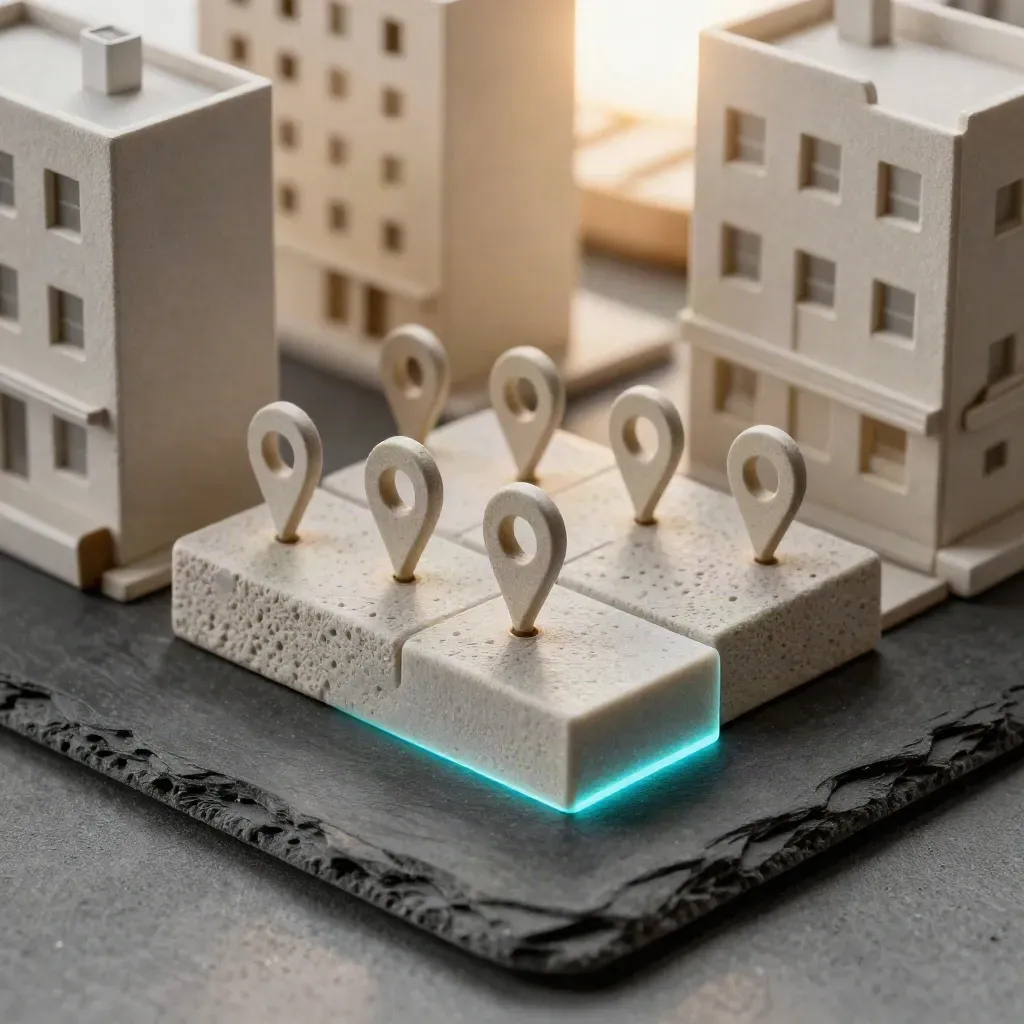 Maqueta cenital de un barrio central con clavijas cerámicas y señalética neutra sobre piedra.