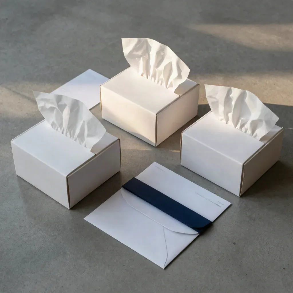 Vista cenital de cajas blancas premium, papel de seda y sobre plano sobre hormigón gris.