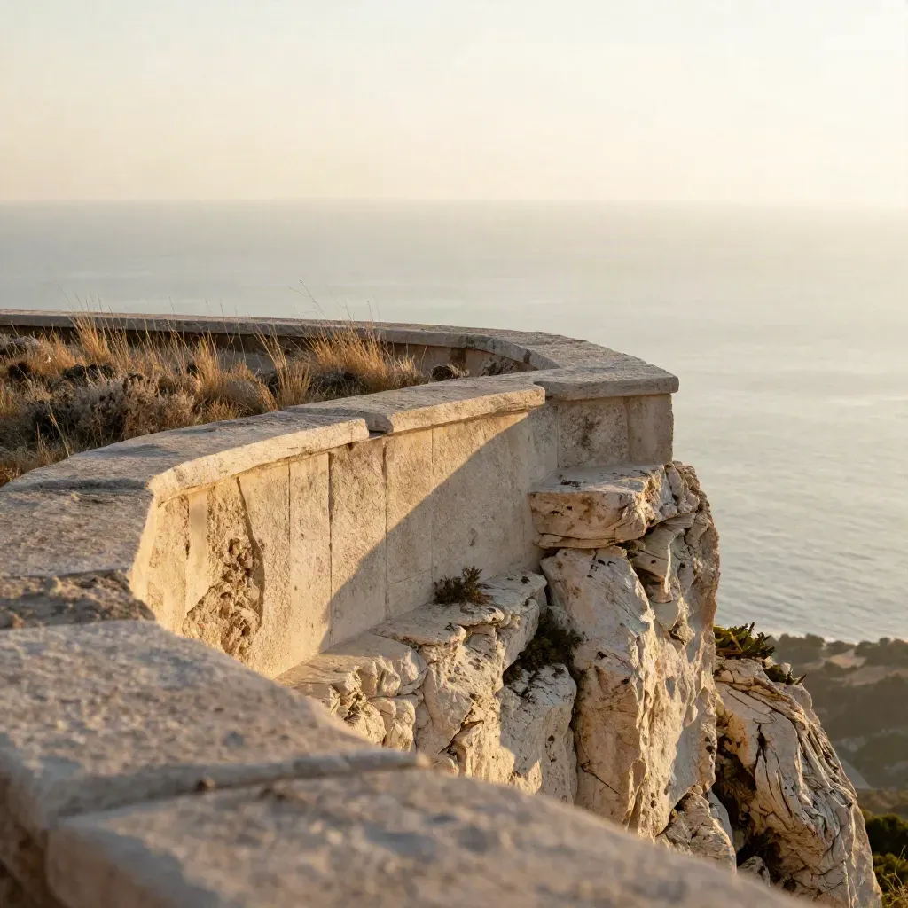 Mirador costero de piedra pálida con niebla marina y vegetación seca al atardecer.