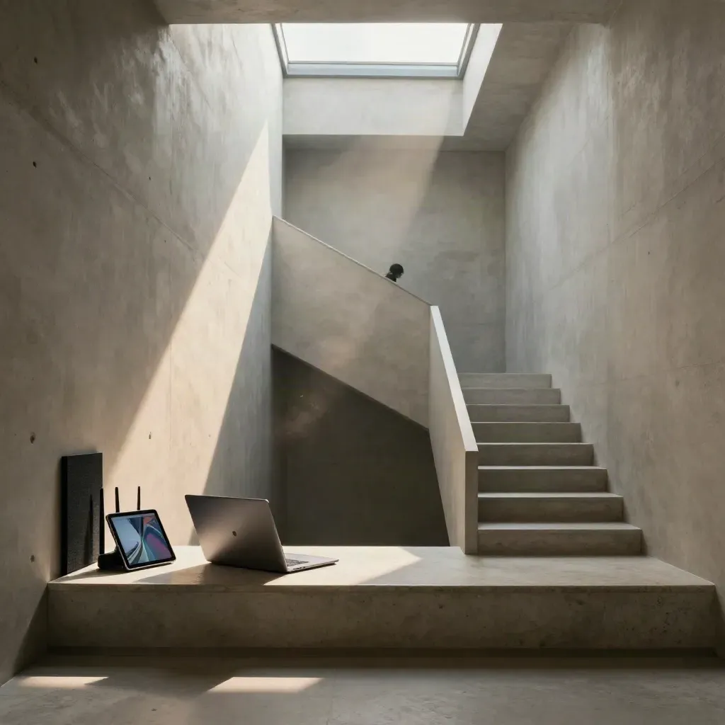Pasillo minimalista de hormigón con lucernario, escalera y luz de mediodía.
